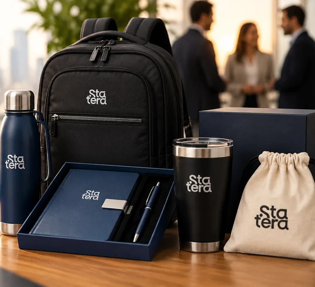 Ilustração de um kit corporativo com mochila, garrafa, caderneta, copo térmico e sacola de algodão com a marca Statera sobre uma mesa