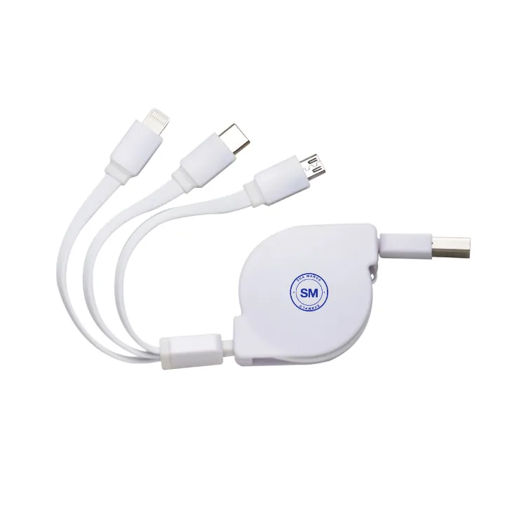 Mockup do Cabo USB Retrátil 3 em 1 com uma logo de exemplo